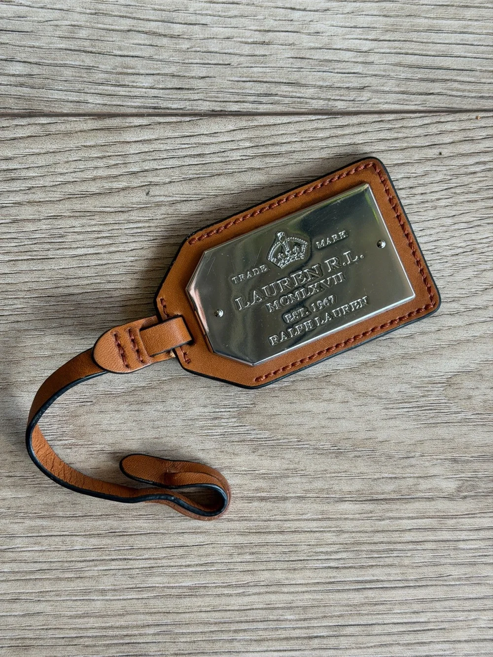 Ralph Lauren Tan Leather Luggage Tag with Silver Plate